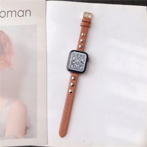 Rockstar Slim Leather Band with Gold Studs for Apple Watch in Saddle Brown